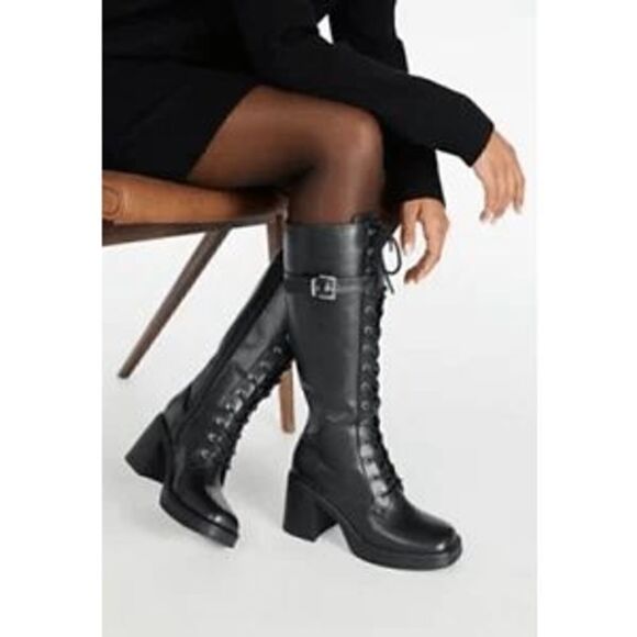 Lace-Up Boot Womens Casual Black Leather Combat Chunky Heel Shoe New - Picture 7 of 7